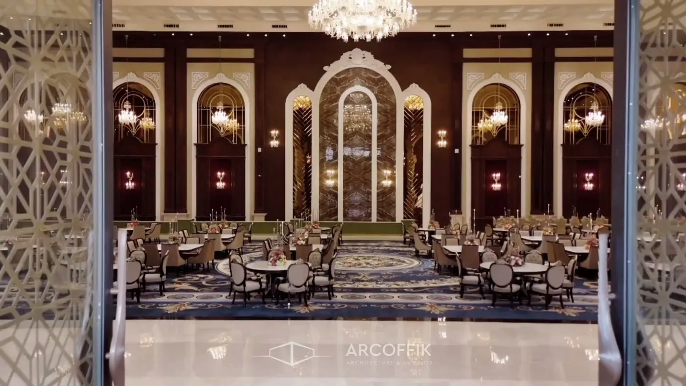 Banquet seating and tables in the decorated grand hall